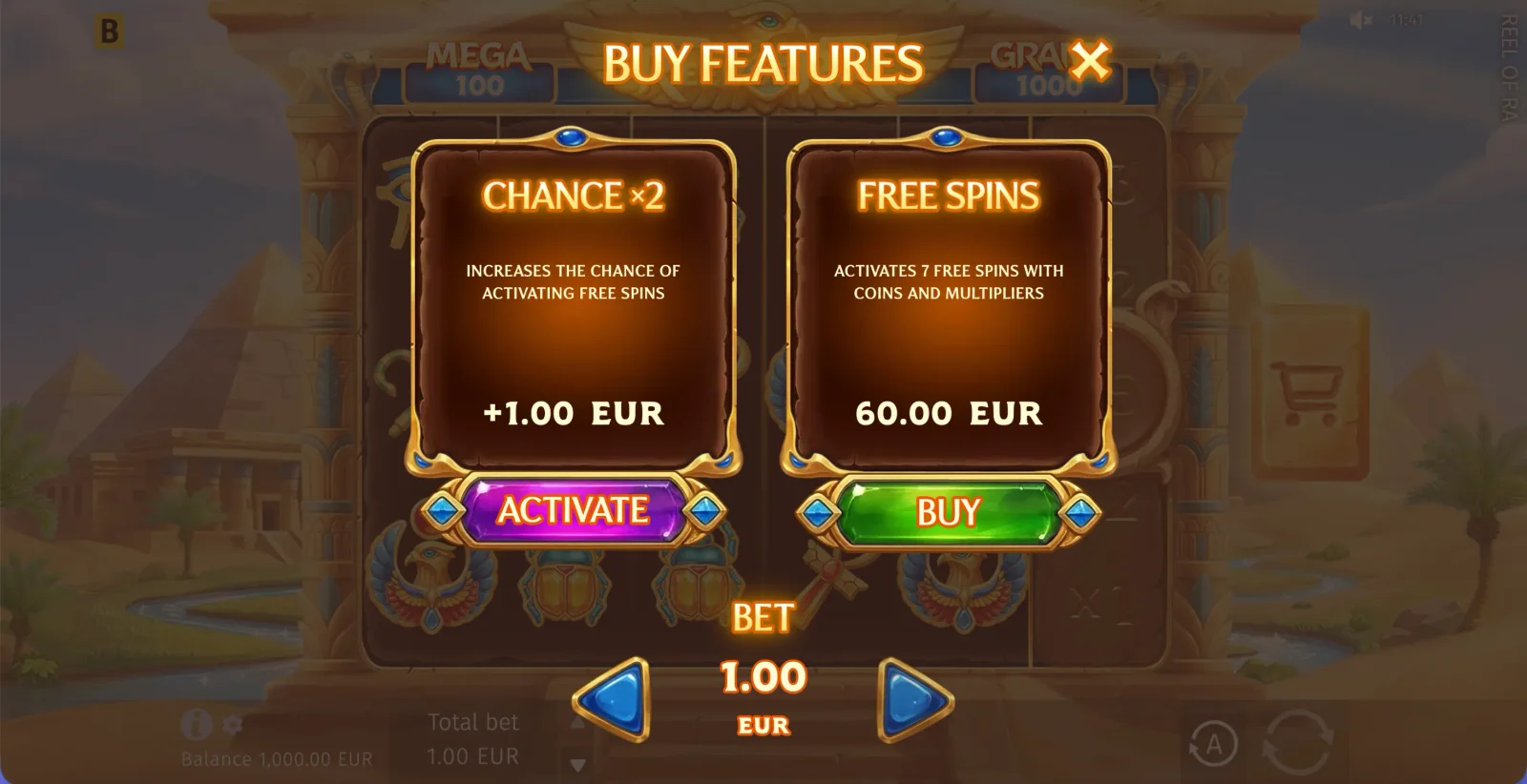 Reel of Ra feature menu with Chance x2 and seven Free Spins options